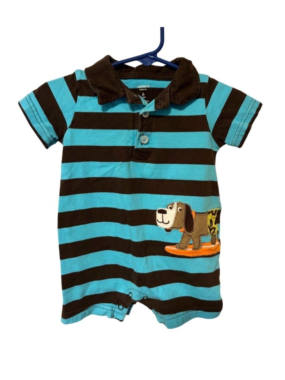 Carters Boys Infant Baby Size 6 months blue brown striped romper shorts 1 piece